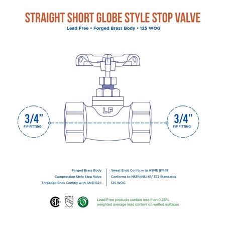 Everflow FIP Short Globe Style Stop Valve, Brass 3/4" 73342-NL